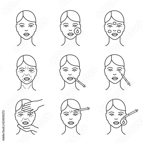 Neurotoxin injection cosmetic procedures linear icons set