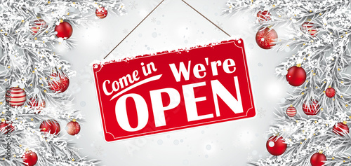 Sign Open Frozen Twigs Red Baubles Snowfall Header
