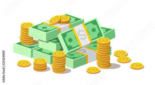 Big pile of cash money banknotes, american dollars and gold coins, cents. Currency, depository, bank, wealth, accumulation money isolated on white background. Vector illustration in flat style.