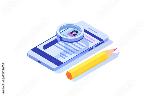 Recruitment, Job search isometric concept. Use for presentation, social media, cards, web banner. Vector illustration