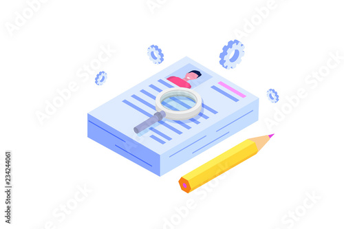 Recruitment, Job search isometric concept. Use for presentation, social media, cards, web banner. Vector illustration