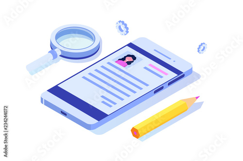 Recruitment, Job search isometric concept. Use for presentation, social media, cards, web banner. Vector illustration