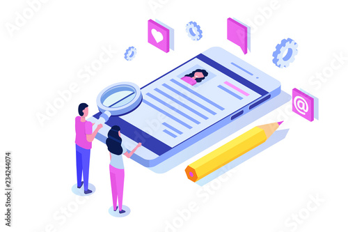Recruitment, Job search isometric concept. Use for presentation, social media, cards, web banner. Vector illustration