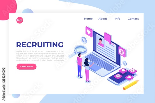 Recruitment, Job search isometric concept. Use for presentation, social media, cards, web banner. Vector illustration