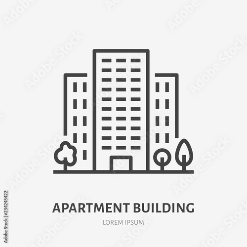 Apartment building flat line icon. Vector thin sign of multi-storey house, condo rent logo. Real estate illustration.