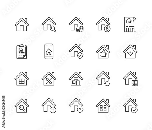 Real estate flat line icons set. House sale, home insurance, mortgage calculator, apartment search app, building renovation vector illustrations. Homepage signs. Pixel perfect 64x64. Editable Strokes.