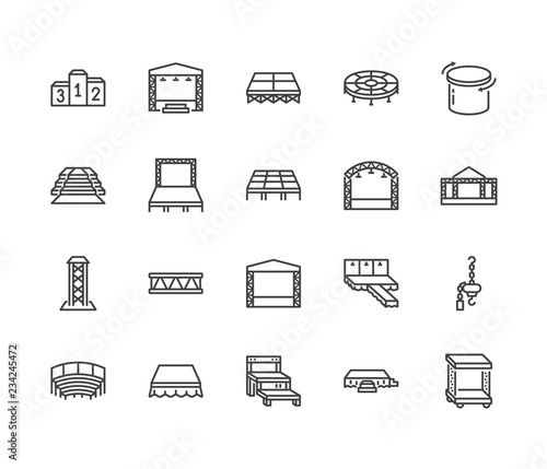 Podiums, stages flat line icons set. Event equipment vector illustrations - red carpet, runway fashion podium, performance scene, stage ladder, aluminium truss. Pixel perfect 64x64. Editable Strokes. photo