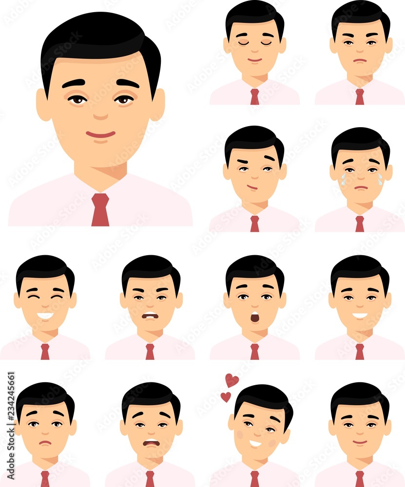 Set of different avatar asian man in colorful flat style. Collection of various emotion expression chinese avatar male happy, angry, sad, funny. Set of different avatar asian man in colorful flat style. Collection of various emotion expression chinese avatar male happy, angry, sad, funny.