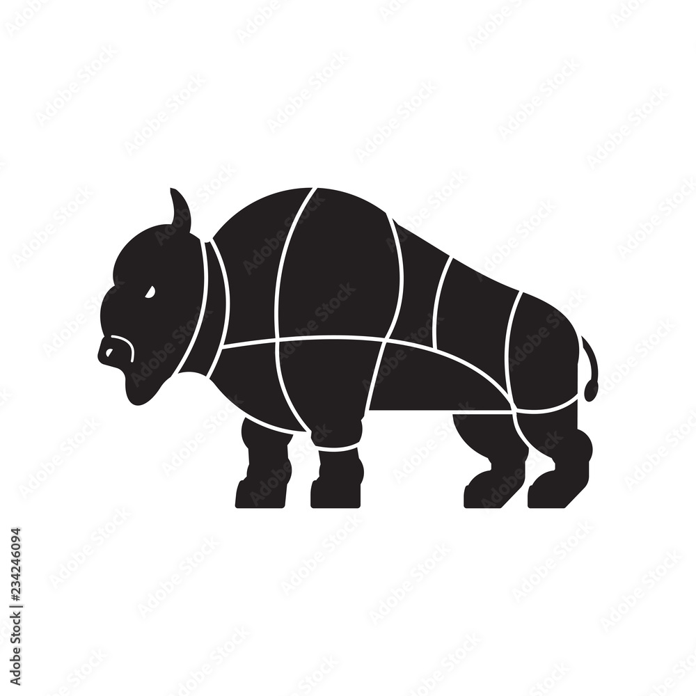 Fototapeta premium Cut of meat buffalo. Bison silhouette scheme lines of different parts meat. How to cut flesh bull. Poster Butchers diagram for meat stores. Barbecue and steaks, delicacy dishes.