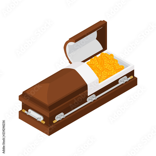 Death bitcoin in coffin. Rip cryptocurrency. Parting electronic money. Sorrow Virtual cash