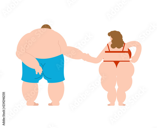Fat married couple back Naked isolated. Overweight woman and man back