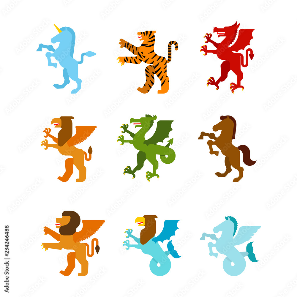 Heraldic animal set. Fantastic Beast. Monster for coat of arms. Heraldry design element. Unicorn, tiger and dragon. Horse, winged lion and griffin. Hippocampus and Sea griffin.