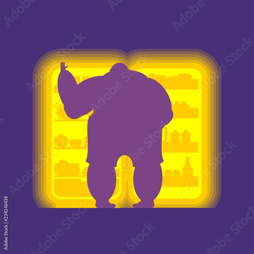 Open fridge night And fat man. Food silhouette. Refrigerator for glutton