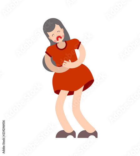PMS menstrual pain girl. Woman suffering from abdominal pain. Girl with period of abdominal cramps