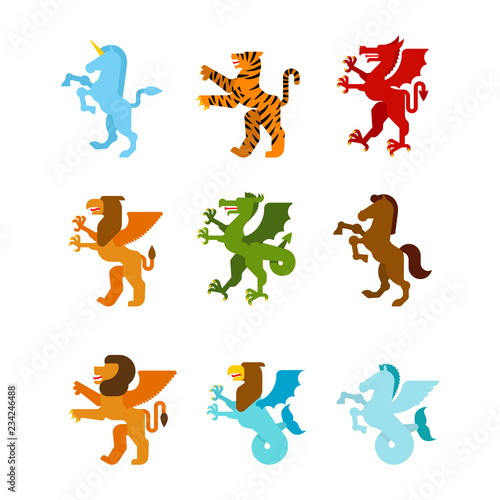 Heraldic animal set. Fantastic Beast. Monster for coat of arms. Heraldry design element. Unicorn  tiger and dragon. Horse  winged lion and griffin. Hippocampus and Sea griffin.