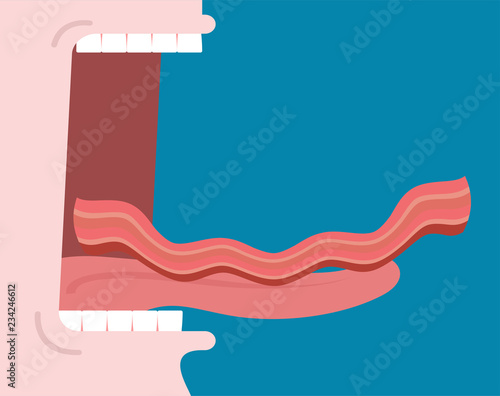 Open mouth to eat fried bacon Roasted Pork. Tongue and teeth. Glutton Vector Illustration