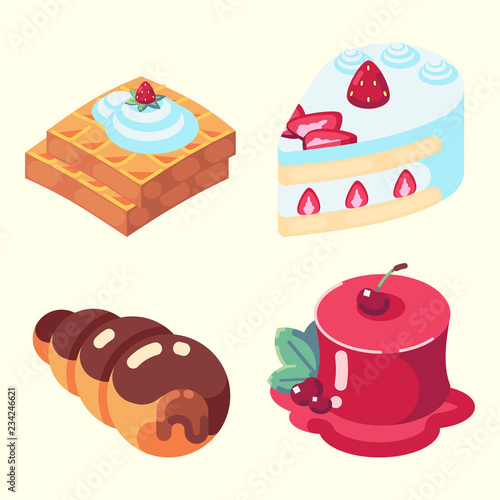 game icons set food for higher health level sweet delicious pastry desserts isometric vector icon set isolated on white background
