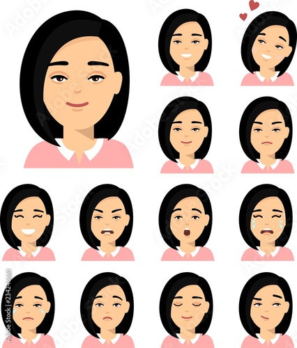 Set of different avatar asian woman in colorful flat style. Collection of various emotion expression chinese avatar female happy, angry, sad, funny.