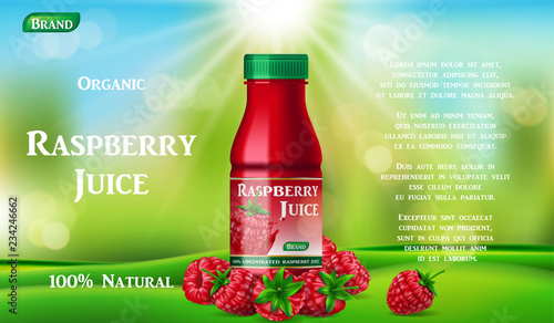 Raspberry juice bottle on green grass. fruit juice container package ad. 3d realistic summer ripe raspberry cocktail. Vector illustration