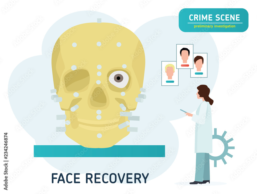Crime scene investigation. Restoration of the face on the skull. Forensic examination concept banner. Flat cartoon vector illustration. Crime scene investigation. Restoration of the face on the skull. Forensic examination concept banner. Flat cartoon vector illustration.