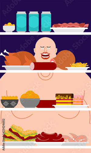 Open fridge night And fat man. Food silhouette. Refrigerator for glutton