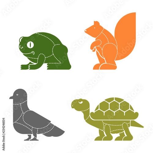 Cut of meat set beast. Turtle and frog silhouette scheme lines of different parts meat. How to cut flesh Dove and squirrel. Poster Butchers diagram for meat stores. Barbecue and steaks