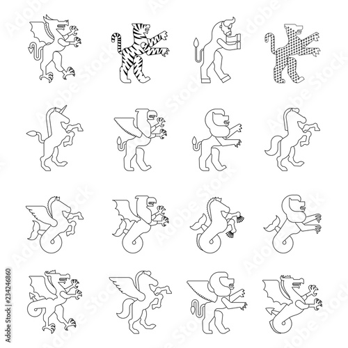 Heraldic animal set linear style. Hippocampus and lion. Dragon and wyvern. Fantastic Beast. Monster for coat of arms. Heraldry design element. Pgasus and griffin. leopard, tiger