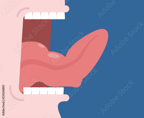 Strong tongue with muscle. Open mouth teeth and tongue. Biceps in mouth