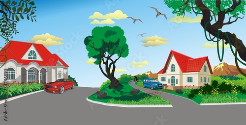 Landscape - rural village at the pond, panorama vector
