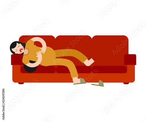PMS Menstrual pain girl on sofa. Woman suffering from abdominal pain. Girl with period of abdominal cramps