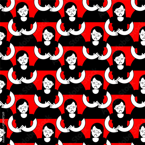 PMS pattern seamless. Menstrual pain girl background. Woman suffering from abdominal pain. Girl with period of abdominal cramps