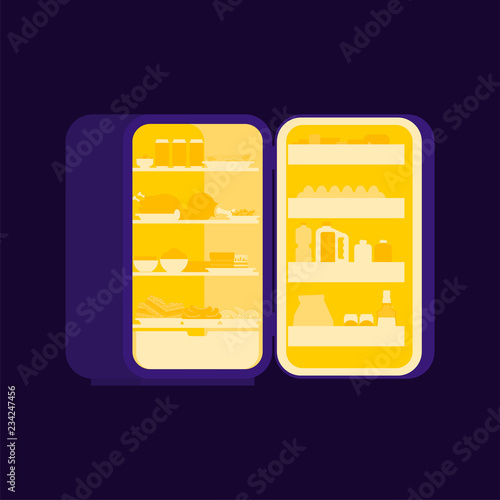 Open fridge at night isolated. Food silhouette. Refrigerator for glutton