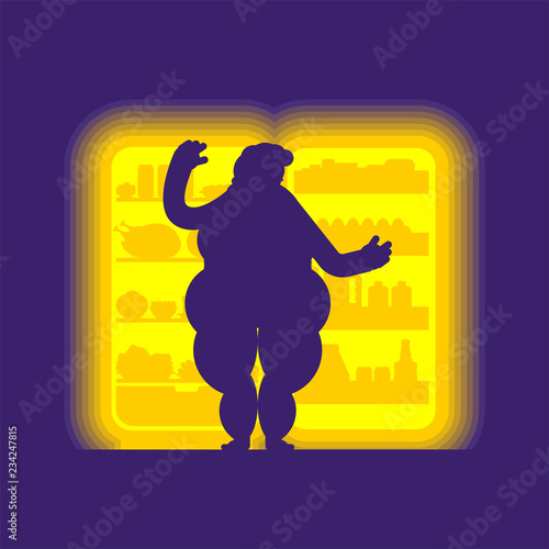 Open fridge night and fat woman. Food silhouette. Refrigerator for glutton