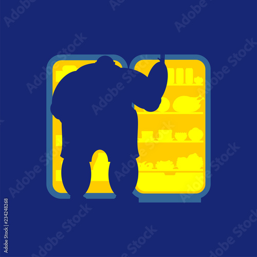 Open fridge night And fat man. Food silhouette. Refrigerator for glutton