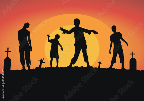 vector silhouette of a crowd of zombies in a cemetery, tombstones in a cemetery under moon