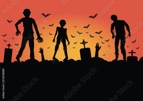 vector silhouette of a crowd of zombies in a cemetery, tombstones in a cemetery at sunset