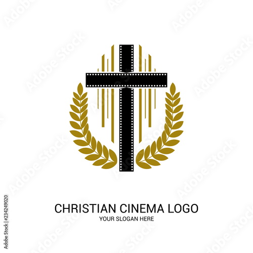 Christian cinema logo. Symbols of movies and videos for the ministry, conference, camp, festival, event.