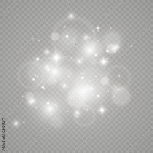 White sparks and golden stars glitter special light effect. Vector sparkles on transparent background. Christmas abstract pattern. Sparkling magic dust particles