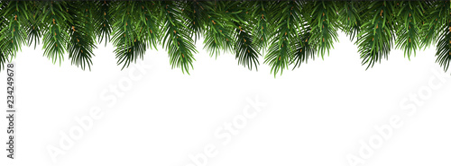 Horizontal Christmas border frame with fir branches, pine cones. Vector illustration.