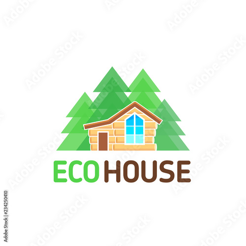 Vector logo wooden from a bar eco house with a veranda rest nature forest