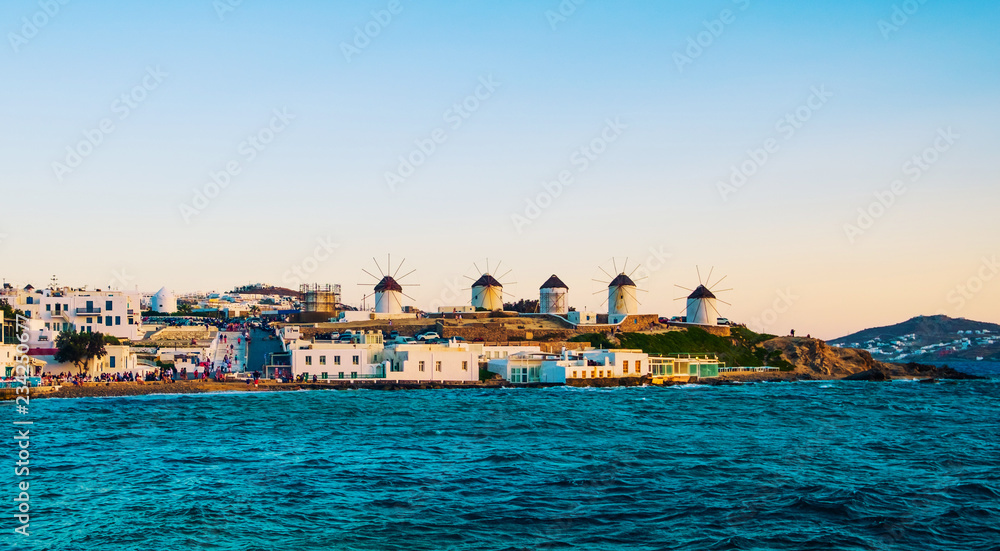 Naklejka premium Mykonos island with windmills, view from the sea