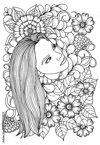 Page for coloring book. Girl and  flowers. Doodles in black and white