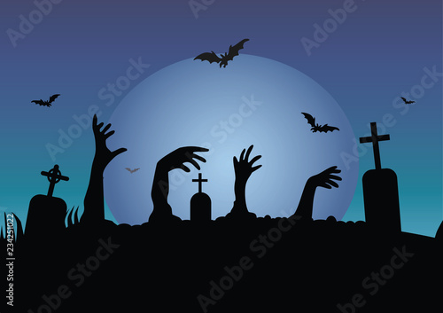 vector silhouette of a crowd of zombies in a cemetery, tombstones in a cemetery under moon