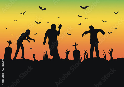 vector silhouette of a crowd of zombies in a cemetery, tombstones in a cemetery