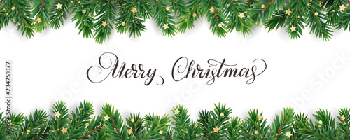 Banner with Merry Christmas text. Christmas tree frame, garland with ornaments