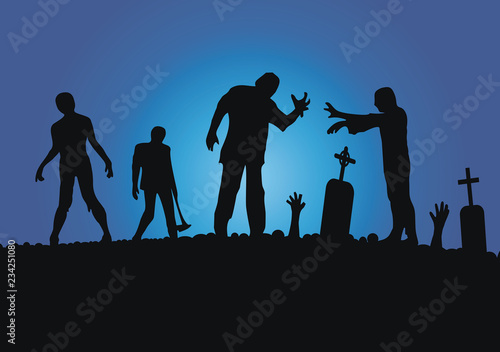 vector silhouette of a crowd of zombies in a cemetery, tombstones in a cemetery under