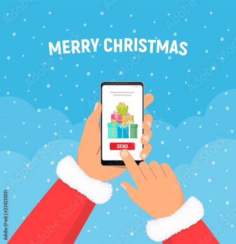 Close-up of santa claus hands holds phone with gifts boxes on screen. Christmas presents. Concept of sending christmas gifts. Vector illustration in flat style.