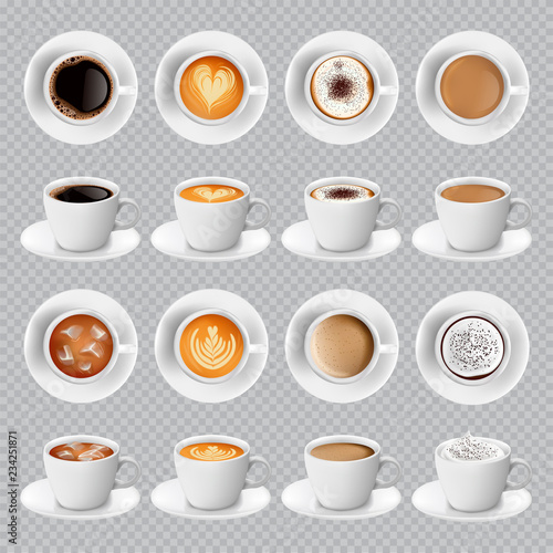 Realistic different sorts of coffee in white cups view from the top and side. Latte cappuccino espresso americano cocoa in realistic cups. 3d vector mugs for cafe menu.