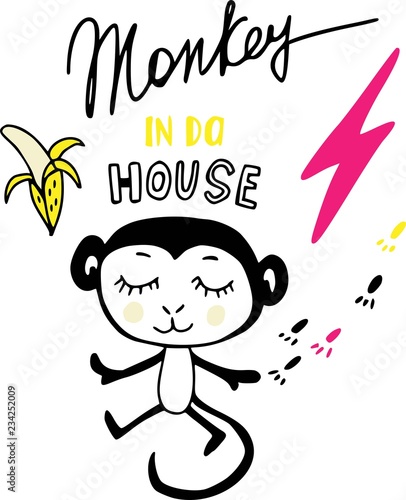 Abstract beautiful artistic graphic lovely cartoon children doodles: monkey, banana, camera, phone, lighting, stars, glasses, hearts, pineapple vector hand illustration. Doodle design