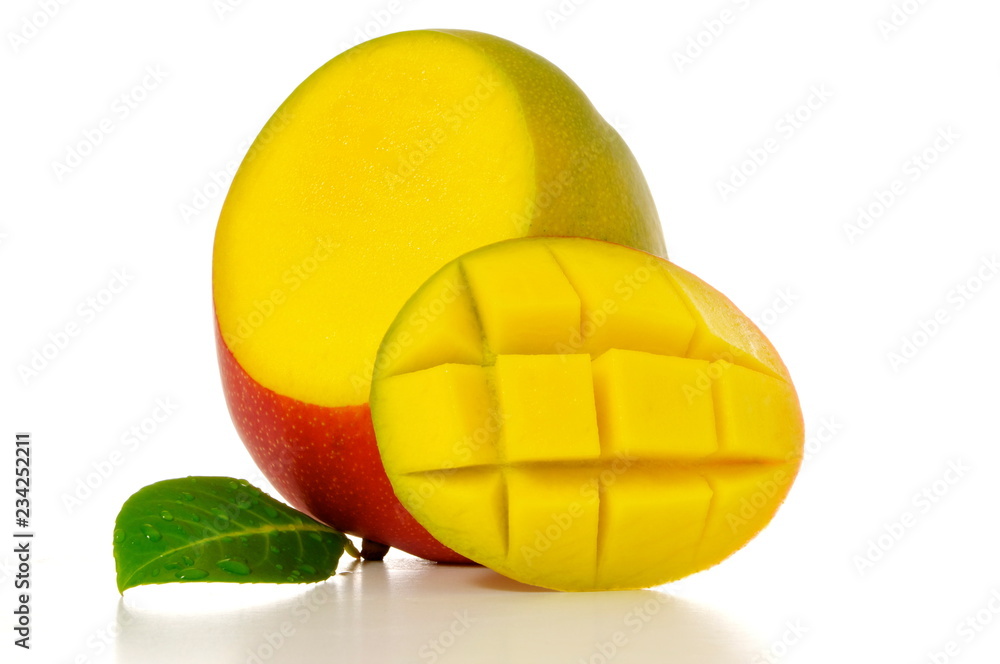 ripe sliced mango with green leaf isolated on white background ripe sliced mango with green leaf isolated on white background